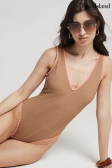 River Island Brown Textured Whipstitch Swimsuit (E05029) | €50
