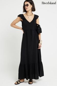 River Island Black Floral Frill Sleeve Maxi Dress (E05036) | $79