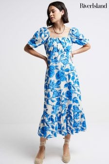 River Island Blue Floral Swing Midi Dress With Linen (E05073) | $82