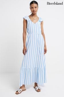 River Island Blue Floral Frill Sleeve Maxi Dress (E05089) | $79