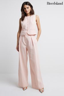 River Island Pink Medium Wide Leg Pleated Linen Trousers (E05113) | 198 QAR