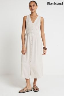 River Island Brown Linen Cutwork Midi Dress (E05115) | $77