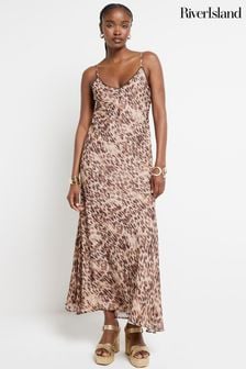 River Island Brown Embellished Printed Slip Dress (E05117) | KRW138,800