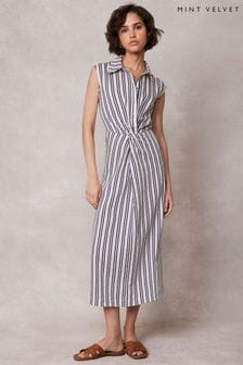 Mint Velvet White Striped Twist Midi Dress (E05183) | OMR67