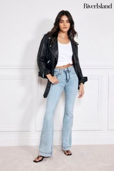 River Island Blue High Rise Tummy Hold Flare Jeans (E05209) | $82