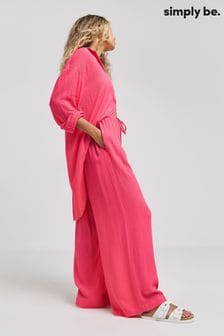 Simply Be Pink Tie Waist Crinkle Wide Leg Trousers (E05579) | 148 QAR