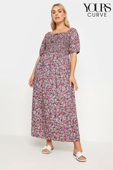 Yours Curve Pink Maxi Shirred Square Neck Dress (E05735) | €53