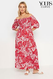 أحمر - Yours Curve Maxi Shirred Square Neck Dress (E05738) | 183 ر.ق