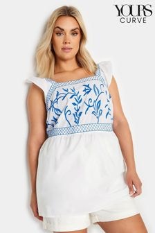 Yours Curve White & Blue Embroidered Peplum 100% Cotton Top (E05837) | $46