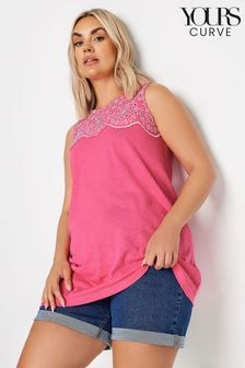 Yours Curve Pink 100% Cotton Broderie Anglaise Detail Vest Top (E05855) | $33