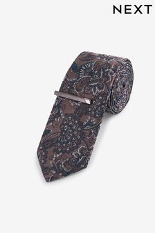 Neutral Brown/Blue Paisley - Slim - Design Tie And Tie Clip (E05914) | €17