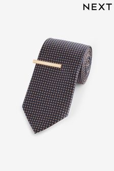 Navy Blue/Brown Pattern Tie And Tie Clip (E05929) | CA$35