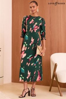 Love & Roses Green Smudge Petite Empire Seam Flute Sleeve Midi Dress (E05954) | €59