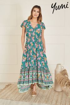 Yumi Green Festival Floral Print Ruched Waist Maxi Dress (E06142) | AED305
