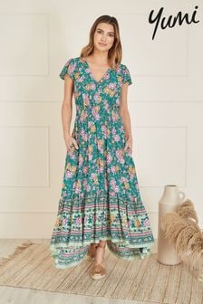 Yumi Green Festival Floral Print Ruched Waist Maxi Dress (E06142) | $94