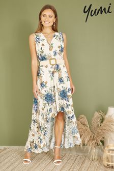 Yumi Floral Print Broderie Anglaise Cotton Dip Hem Midaxi Dress (E06144) | €86