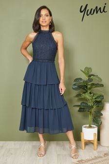 Yumi Blue Lace Halter Neck Midi Dress With Tiered Hem (E06148) | AED360