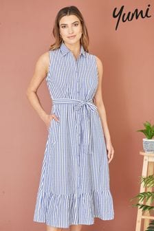 Yumi Blue Striped Sleeveless Midi Shirt Dress (E06155) | SGD 112