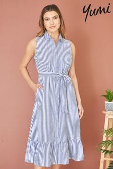 Yumi Blue Striped Sleeveless Midi Shirt Dress (E06155) | $99