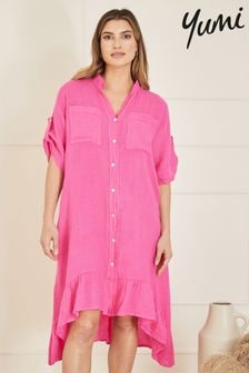 Yumi Pink Italian 100% Linen Shirt Dress With Frill Hem (E06158) | $111