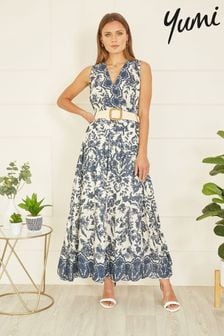 Yumi Blue Floral Border Print Broderie Anglaise Cotton Midi Dress (E06159) | 371 QAR