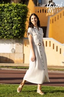 كريمي - فستان تصميم قميص متوسط الطول فيسكوز شكل الكتان مع حزام خشبي (E06161) | 351 ر.س