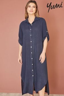 Yumi Blue Italian Linen Relaxed Midi Shirt Dress With Turn up Sleeves (E06163) | AED416