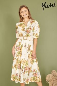 Yumi White Floral Print Broderie Anglaise Cotton Midi Shirt Dress With Matching Belt (E06164) | AED416