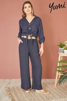 Синий - Yumi Italian Linen Wide Leg Trousers With Belt (E06166) | €60