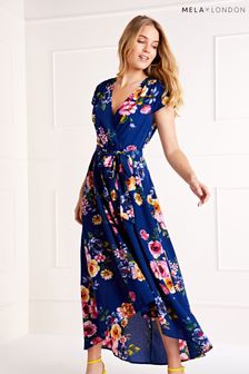 ブルー - Mela Floral Wrap Over Dipped Hem Midi Dress (E06188) | ￥7,930