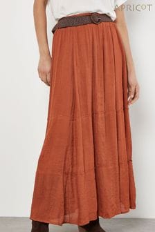 Apricot Red Slub Shimmer Belt Maxi Skirt (E06219) | $83