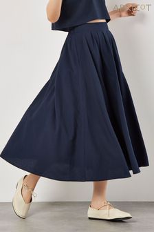 Apricot Blue Slub Pleat A-Line Midi Skirt (E06235) | R770