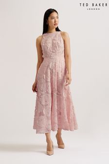 فستان Ullaa متوسط الطول مع تفصيلات متباينة بدون كم لون وردي من Ted Baker