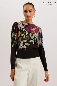 Ted Baker Magarit Pleated Long Sleeve Printed Black Sweater