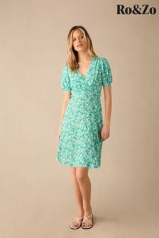Ro&Zo Green Ditsy Shirred Shoulder Short Dress (E06321) | 391 QAR