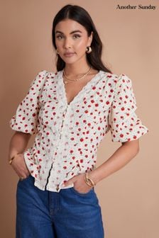Another Sunday Lace Trim Puff Sleeve Button Through Ecru Ditsy Floral White Blouse (E06760) | KRW74,700