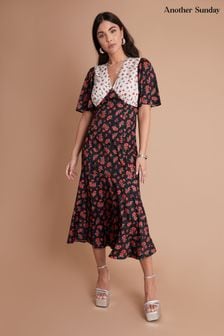 Another Sunday Mix Print Flutter Sleeve Black And Ecru Ditsy Floral Midi White Dress (E06764) | 23 ر.ع