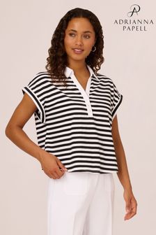 Adrianna Papell Striped Button Front Striped Cropped Knit White Polo Top