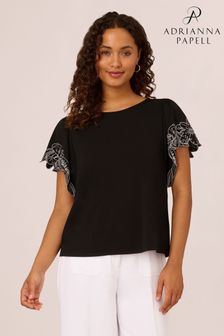 Adrianna Papell Solid Knit Black Top With Embroidered Trim Short Flutter Sleeves