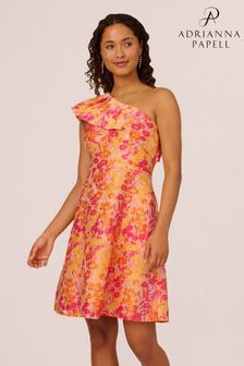 Adrianna Papell Orange One Shoulder Jacquard Dress (E06809) | Kč7,100