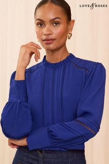 Love & Roses Blue Petite Ruffle Neck Pintuck Detail Long Sleeve Blouse (E06890) | €62