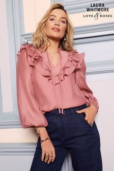 Love & Roses Pink Satin Ruffle Tie Neck Long Sleeve Blouse (E06897) | $69