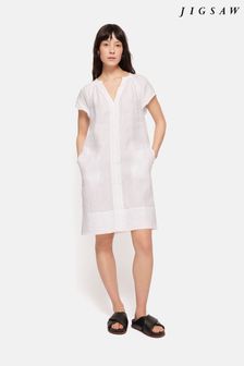 לבן - Jigsaw Linen Smocked T-shirt Dress (E07098) | ‏654 ‏₪