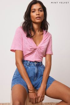 Mint Velvet Pink Linen Twist T-Shirt (E07202) | KRW104,600