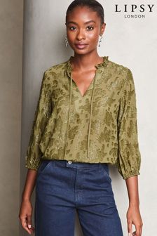 Lipsy Khaki Green 3/4 Sleeve Metallic Blouse (E07285) | kr485