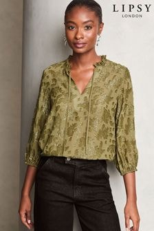 Lipsy Khaki Green 3/4 Sleeve Metallic Blouse (E07285) | $58