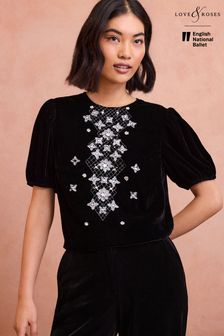 Love & Roses Black Velvet Crystal Puff Sleeve Top (E07345) | OMR30