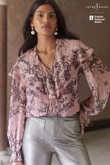 Love & Roses Pink Floral Metallic Capelet Long Sleeve Blouse (E07389) | $77