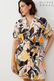 Oliver Bonas Pink And Orange Tropical Print Mini Black Shirt Dress (E07617) | €88