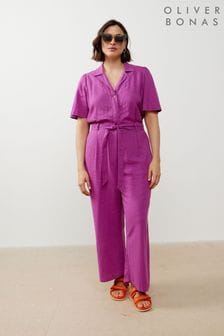 Oliver Bonas Purple Belted Linen Jumpsuit